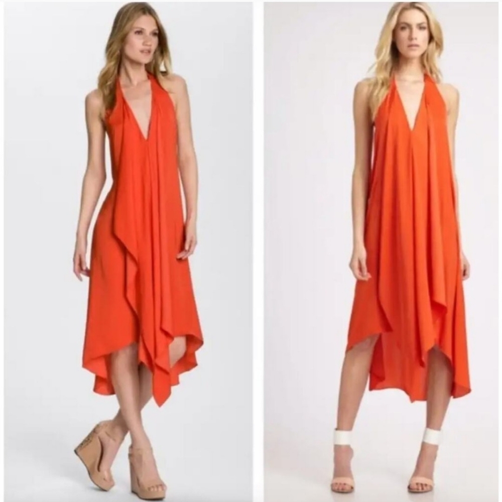 BCBGMAXAZRIA Orange Ruffle Halter Midi Dress Size XS